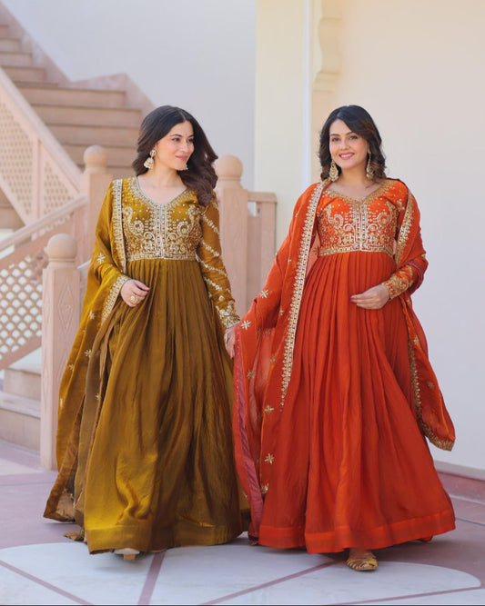 Fendy Fabric Embroidered Gown with Sequins Dupatta | Partywear Ethnic Dress | Fully Stitched