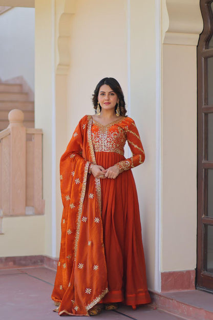Fendy Fabric Embroidered Gown with Sequins Dupatta | Partywear Ethnic Dress | Fully Stitched