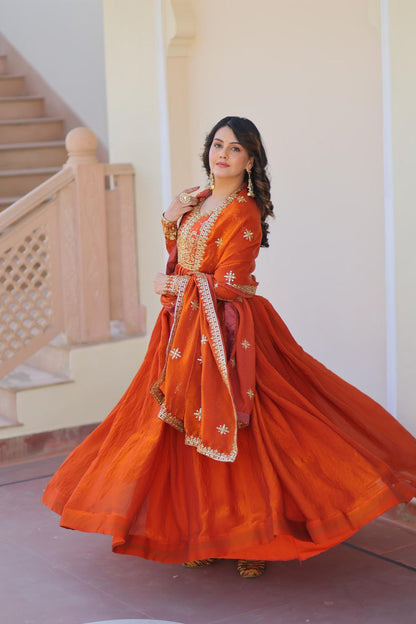Fendy Fabric Embroidered Gown with Sequins Dupatta | Partywear Ethnic Dress | Fully Stitched