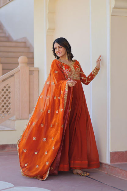 Fendy Fabric Embroidered Gown with Sequins Dupatta | Partywear Ethnic Dress | Fully Stitched