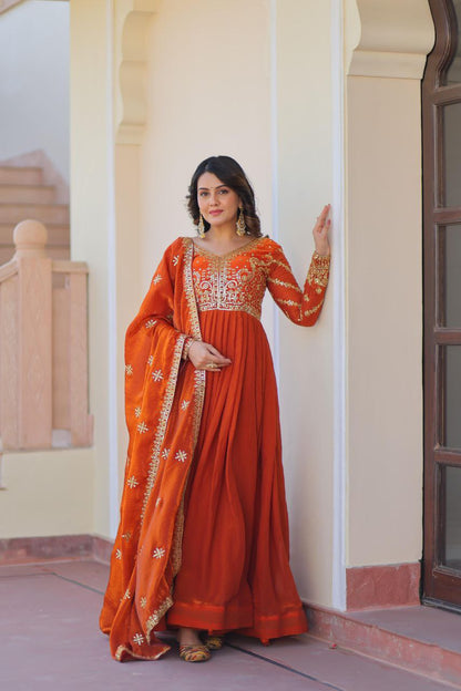 Fendy Fabric Embroidered Gown with Sequins Dupatta | Partywear Ethnic Dress | Fully Stitched