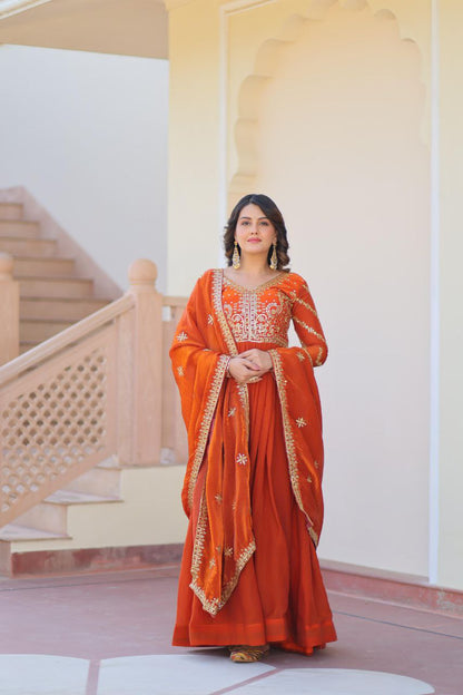 Fendy Fabric Embroidered Gown with Sequins Dupatta | Partywear Ethnic Dress | Fully Stitched