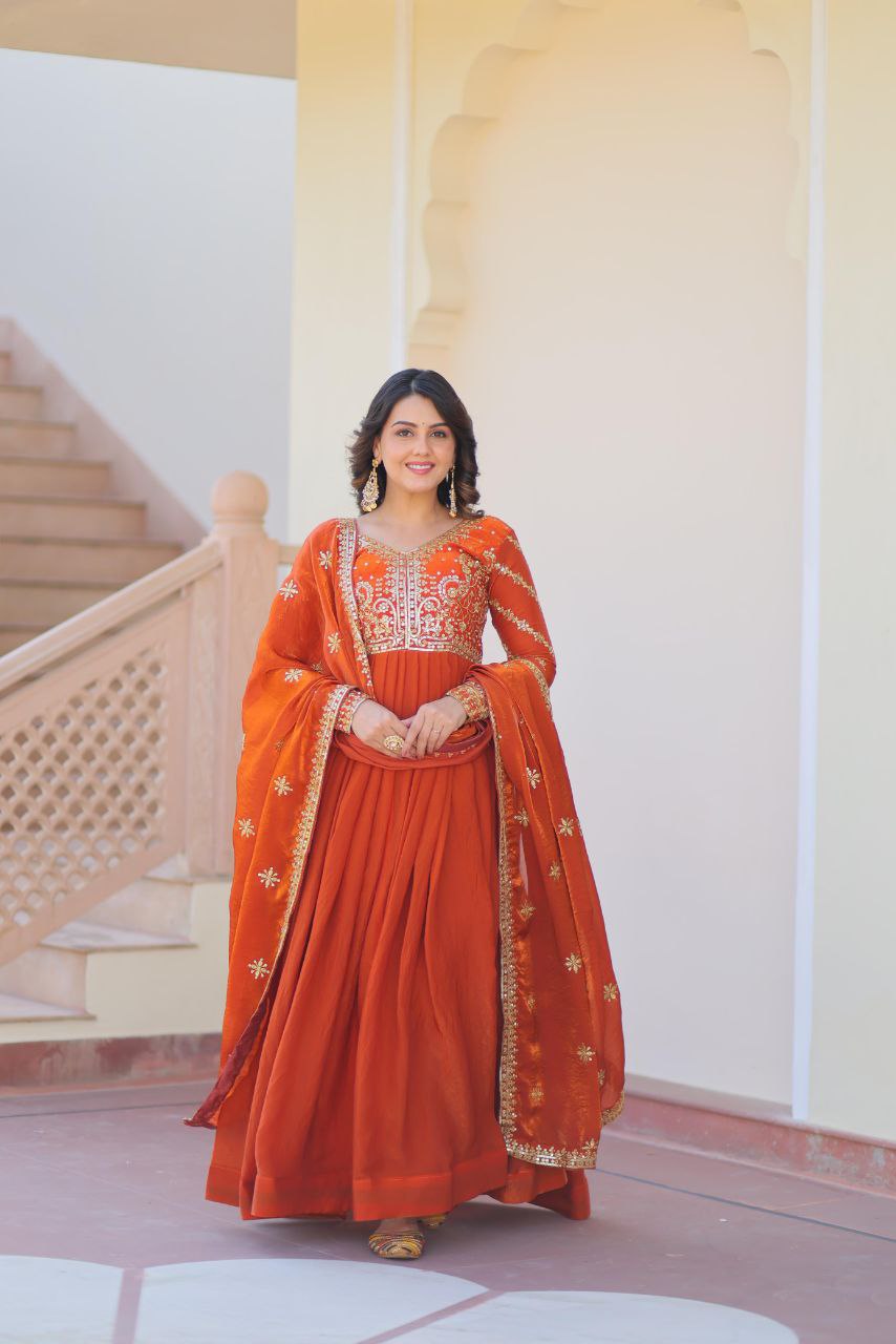 Fendy Fabric Embroidered Gown with Sequins Dupatta | Partywear Ethnic Dress | Fully Stitched