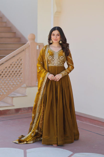 Fendy Fabric Embroidered Gown with Sequins Dupatta | Partywear Ethnic Dress | Fully Stitched