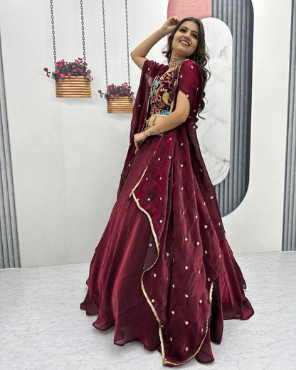 Fendy Fabric Heavy Embroidered Lehenga Choli with Shrug Style Dupatta & 9-Meter Flair