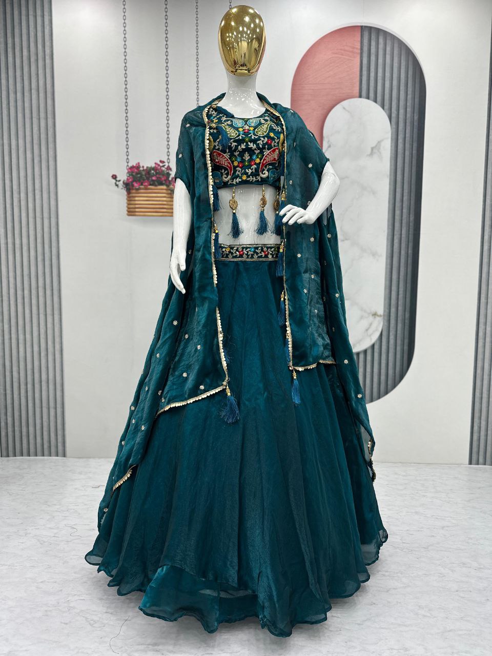 Fendy Fabric Heavy Embroidered Lehenga Choli with Shrug Style Dupatta & 9-Meter Flair