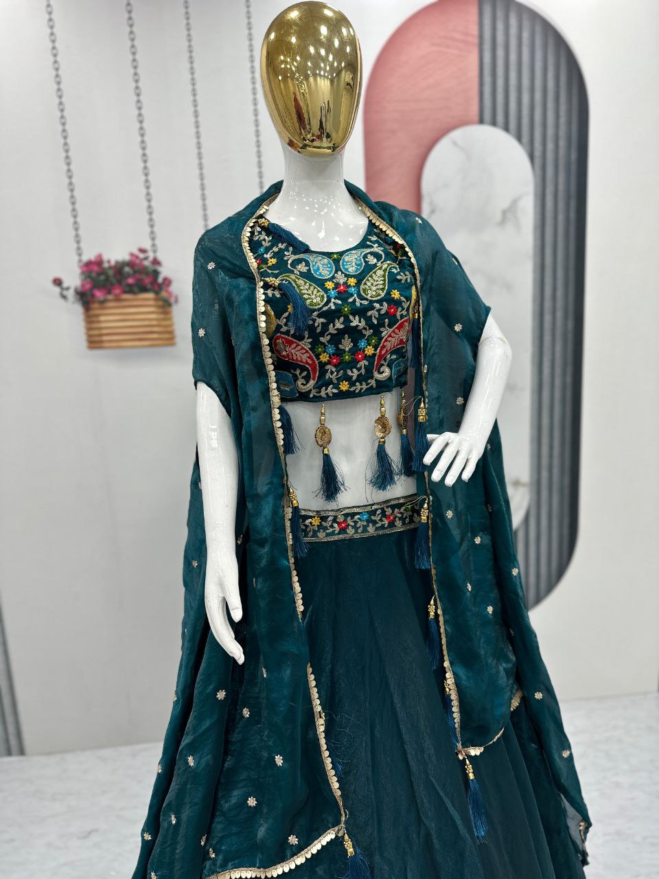 Fendy Fabric Heavy Embroidered Lehenga Choli with Shrug Style Dupatta & 9-Meter Flair