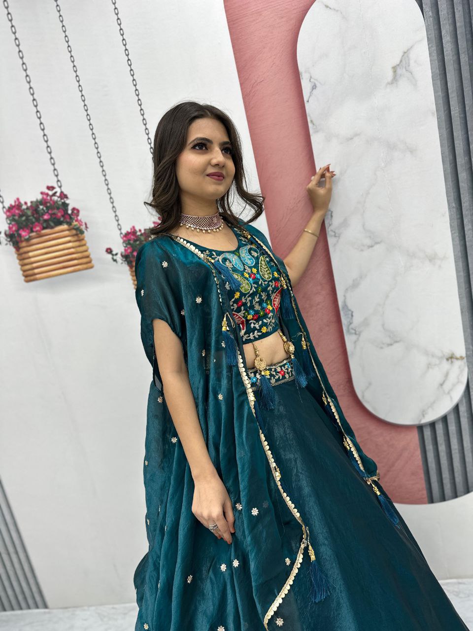 Fendy Fabric Heavy Embroidered Lehenga Choli with Shrug Style Dupatta & 9-Meter Flair