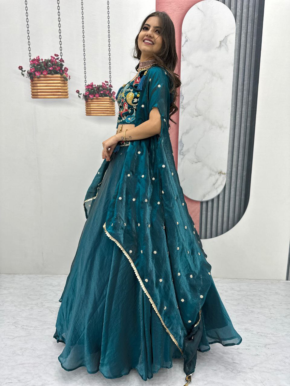 Fendy Fabric Heavy Embroidered Lehenga Choli with Shrug Style Dupatta & 9-Meter Flair
