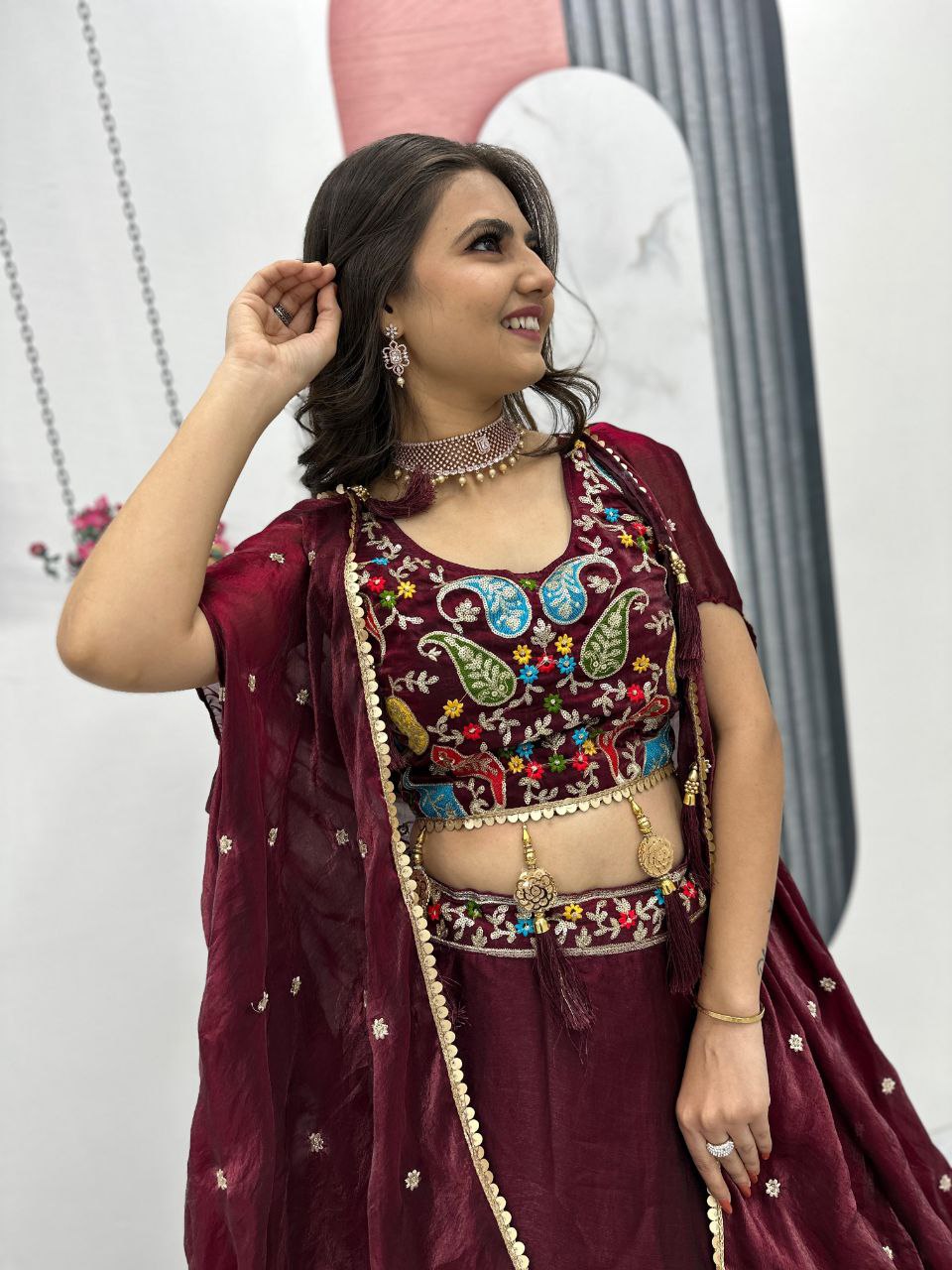 Fendy Fabric Heavy Embroidered Lehenga Choli with Shrug Style Dupatta & 9-Meter Flair