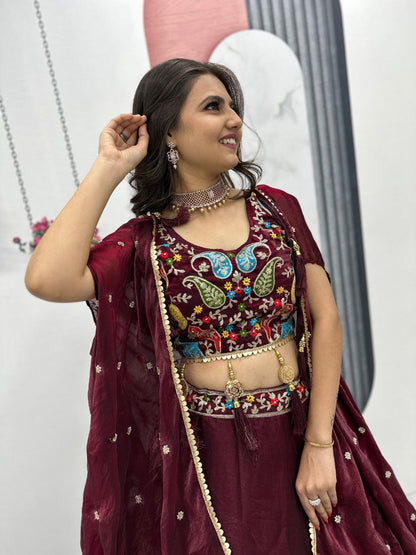 Fendy Fabric Heavy Embroidered Lehenga Choli with Shrug Style Dupatta & 9-Meter Flair