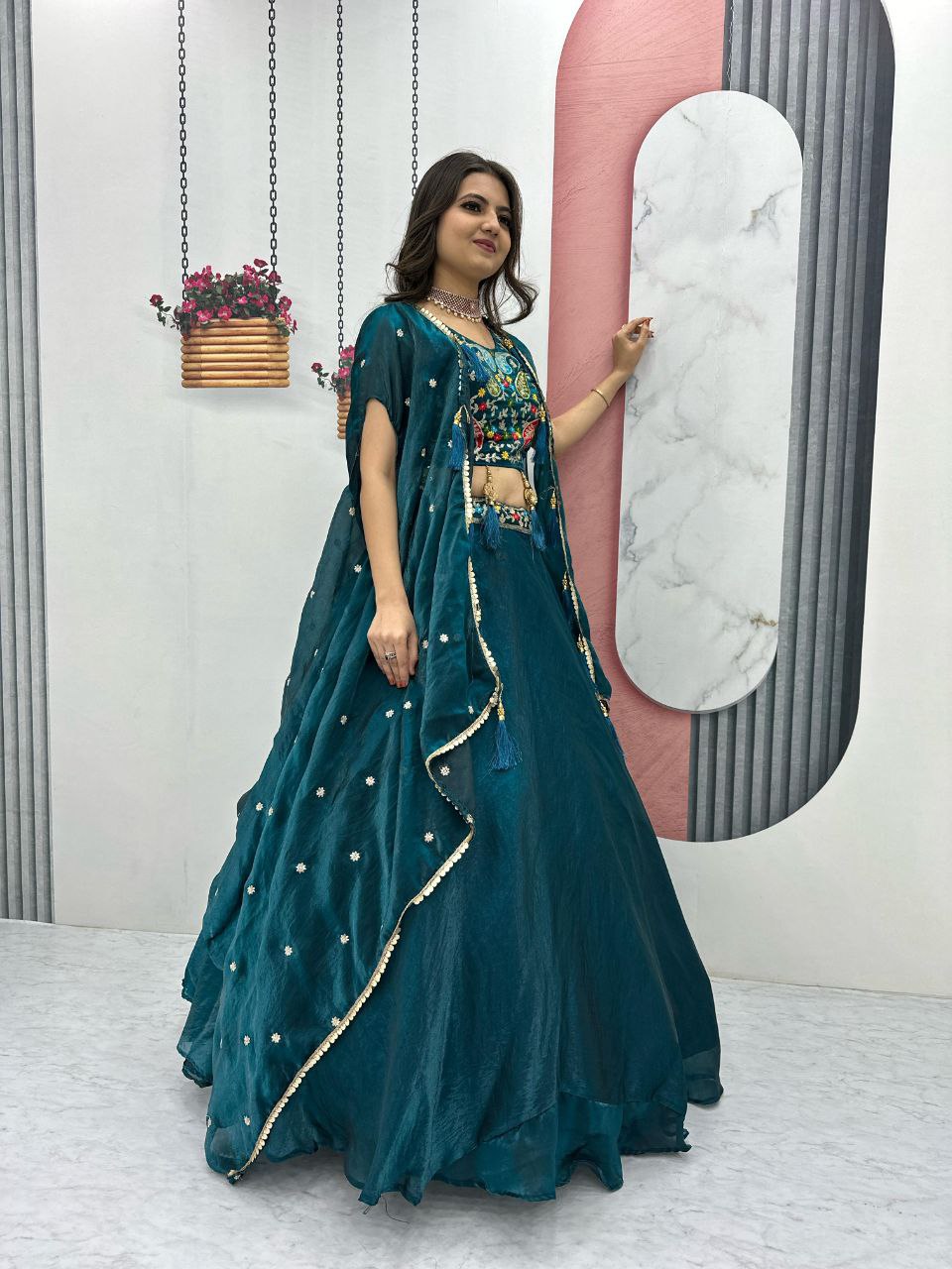 Fendy Fabric Heavy Embroidered Lehenga Choli with Shrug Style Dupatta & 9-Meter Flair