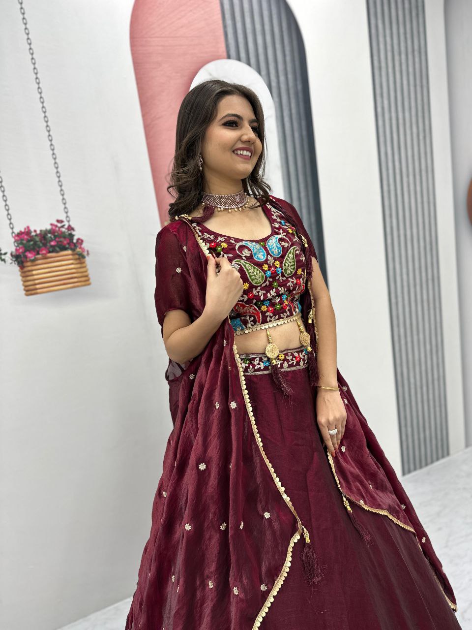 Fendy Fabric Heavy Embroidered Lehenga Choli with Shrug Style Dupatta & 9-Meter Flair