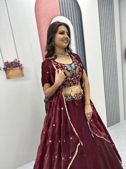 Fendy Fabric Heavy Embroidered Lehenga Choli with Shrug Style Dupatta & 9-Meter Flair