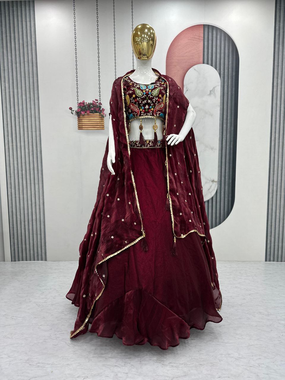 Fendy Fabric Heavy Embroidered Lehenga Choli with Shrug Style Dupatta & 9-Meter Flair