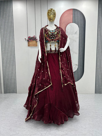 Fendy Fabric Heavy Embroidered Lehenga Choli with Shrug Style Dupatta & 9-Meter Flair