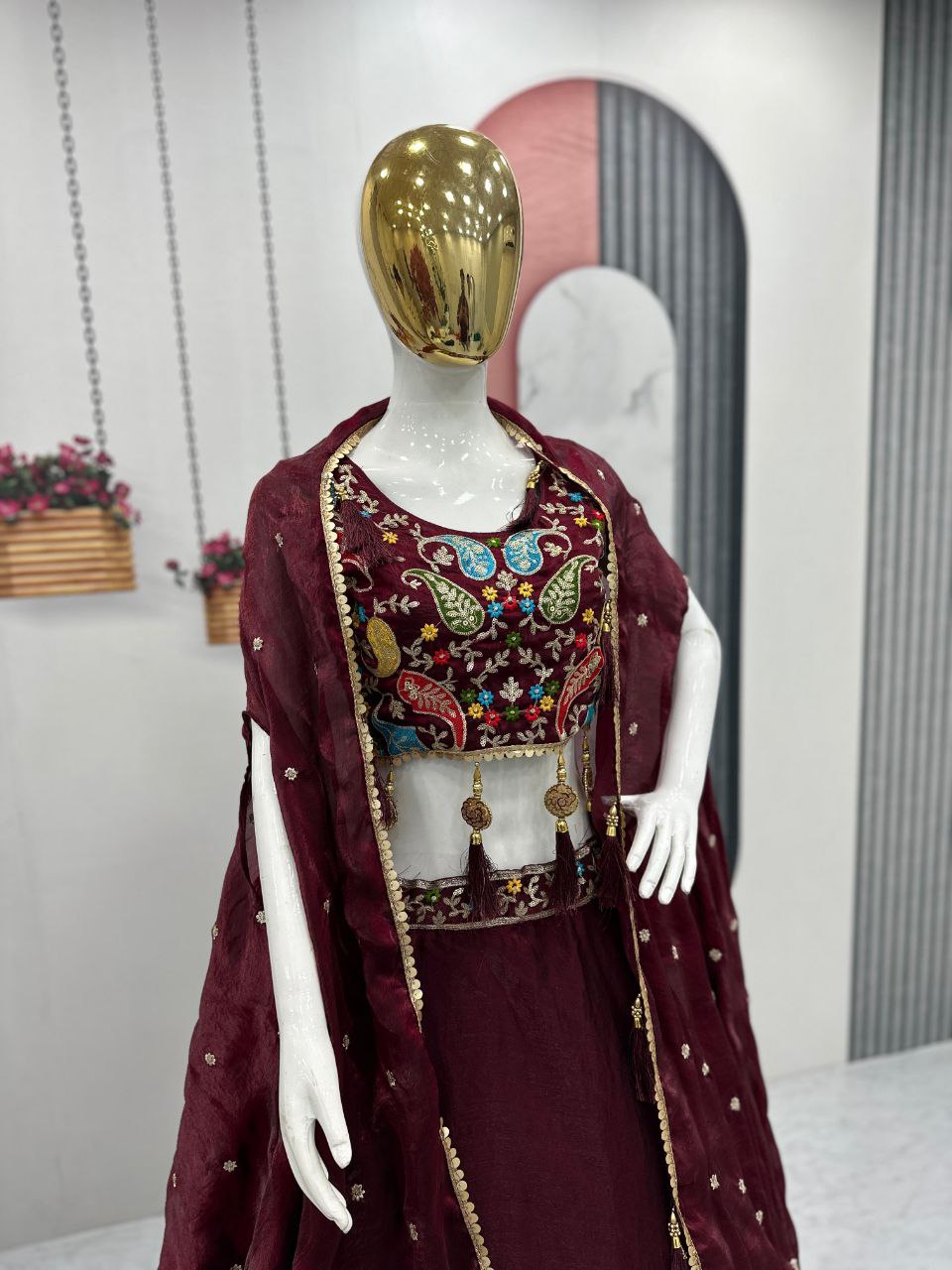 Fendy Fabric Heavy Embroidered Lehenga Choli with Shrug Style Dupatta & 9-Meter Flair