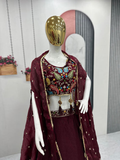 Fendy Fabric Heavy Embroidered Lehenga Choli with Shrug Style Dupatta & 9-Meter Flair