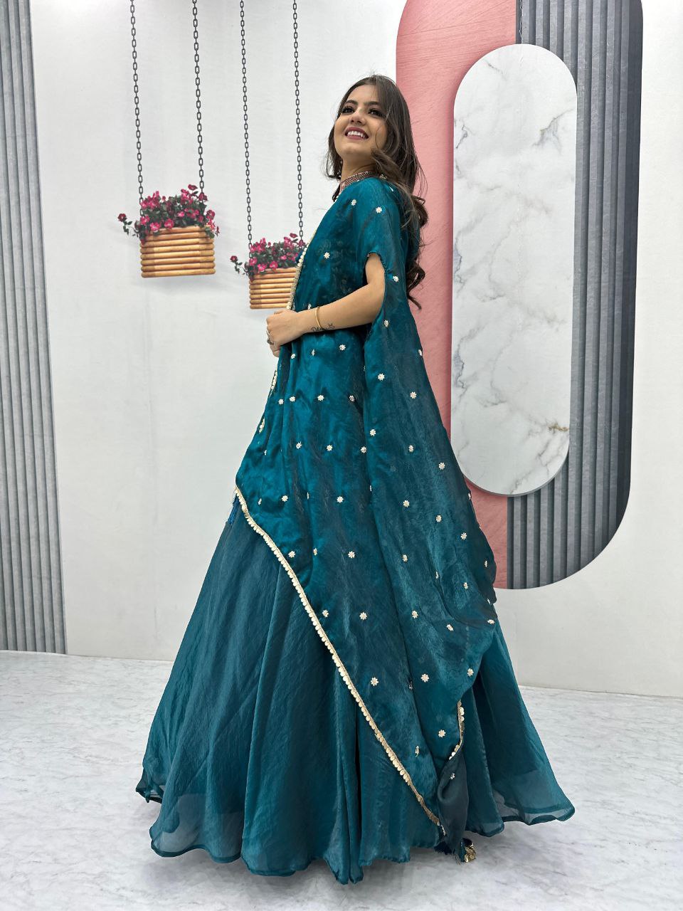 Fendy Fabric Heavy Embroidered Lehenga Choli with Shrug Style Dupatta & 9-Meter Flair