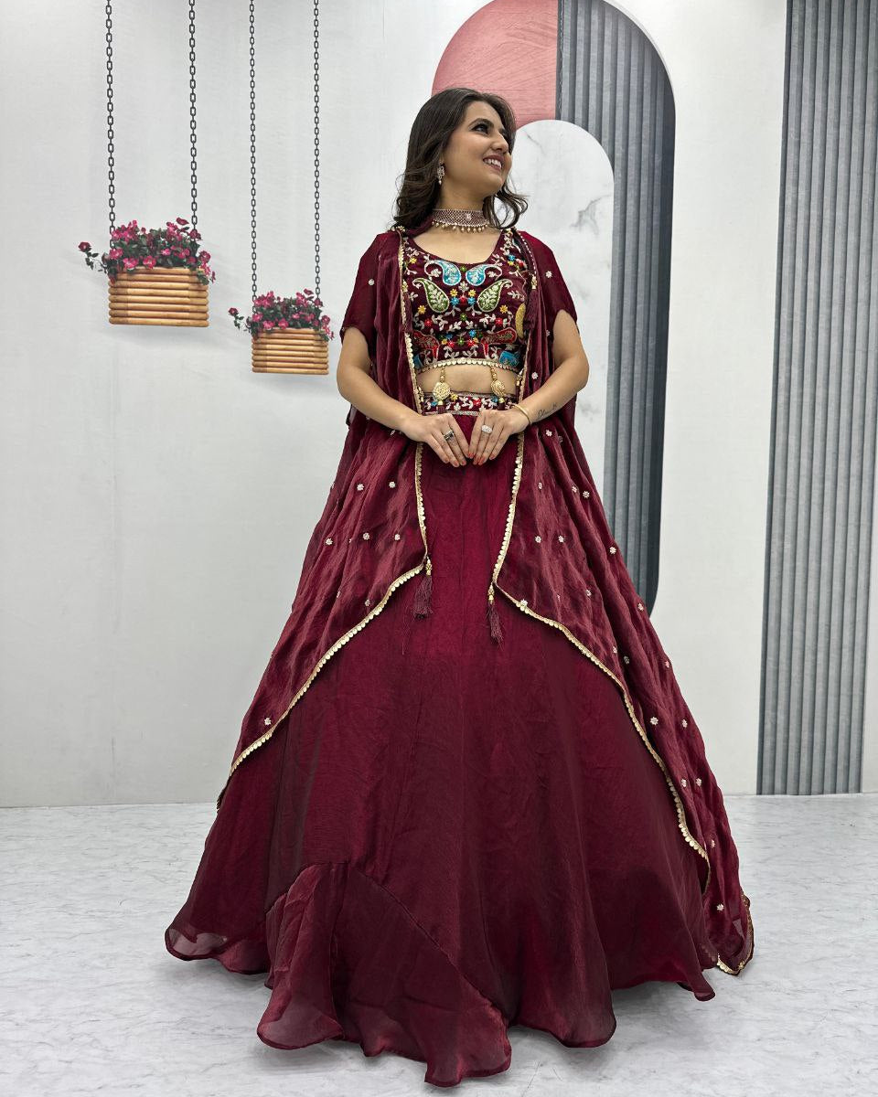 Fendy Fabric Heavy Embroidered Lehenga Choli with Shrug Style Dupatta & 9-Meter Flair
