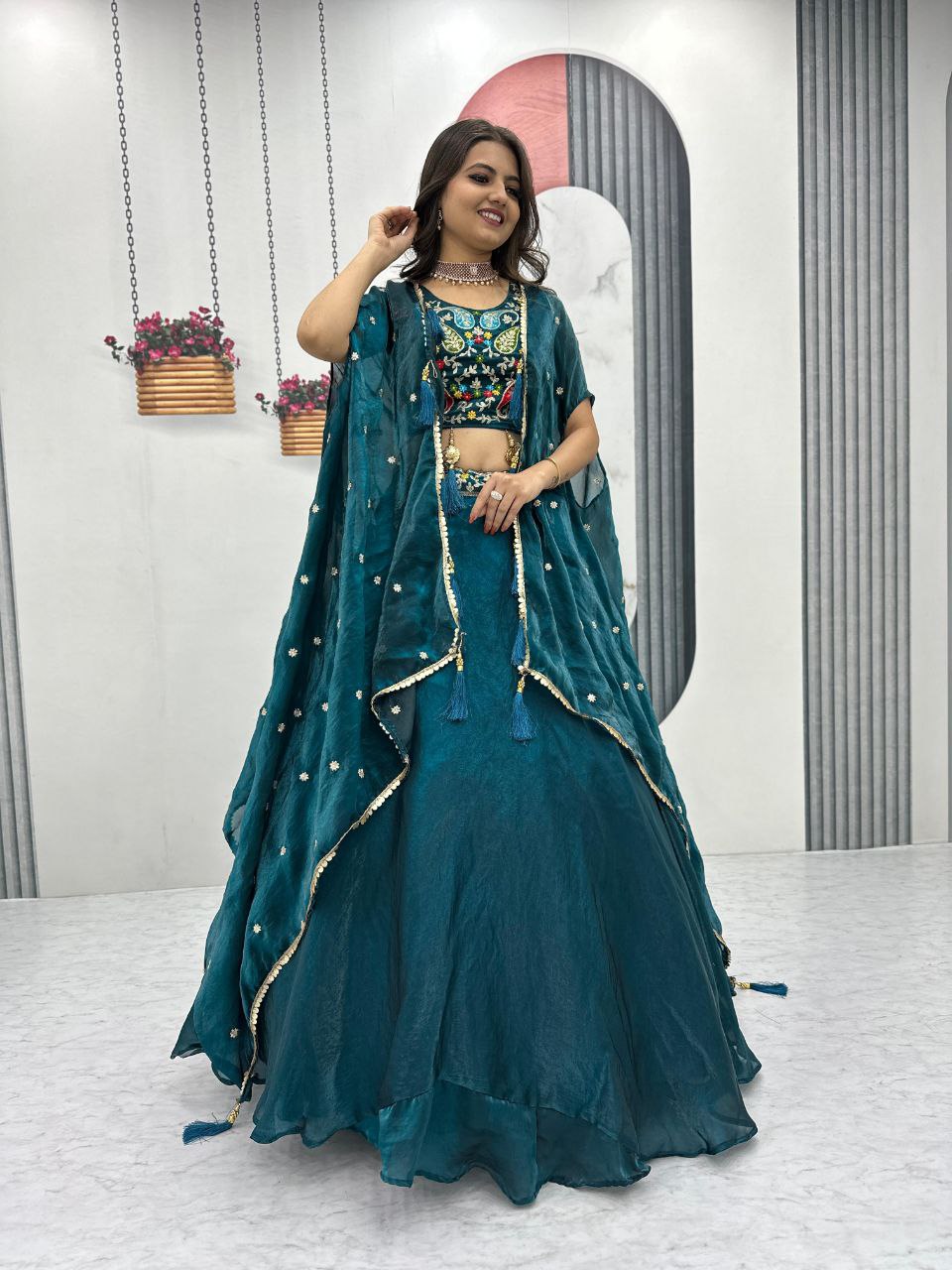 Fendy Fabric Heavy Embroidered Lehenga Choli with Shrug Style Dupatta & 9-Meter Flair