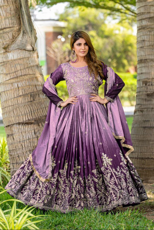 Festival-Ready Chinon Silk Gown with Heavy 3mm Sequin Embroidery & Dupatta | Fully Stitched