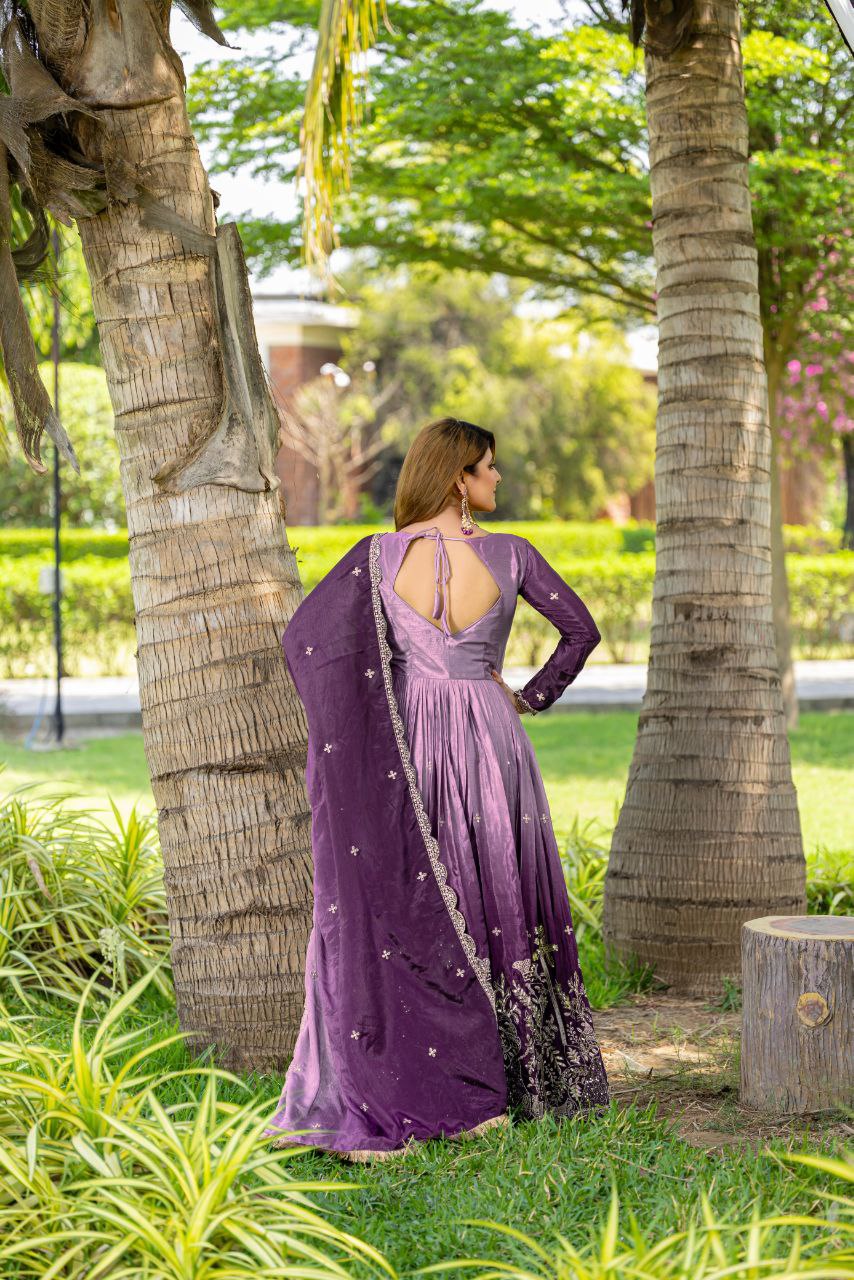 Festival-Ready Chinon Silk Gown with Heavy 3mm Sequin Embroidery & Dupatta | Fully Stitched