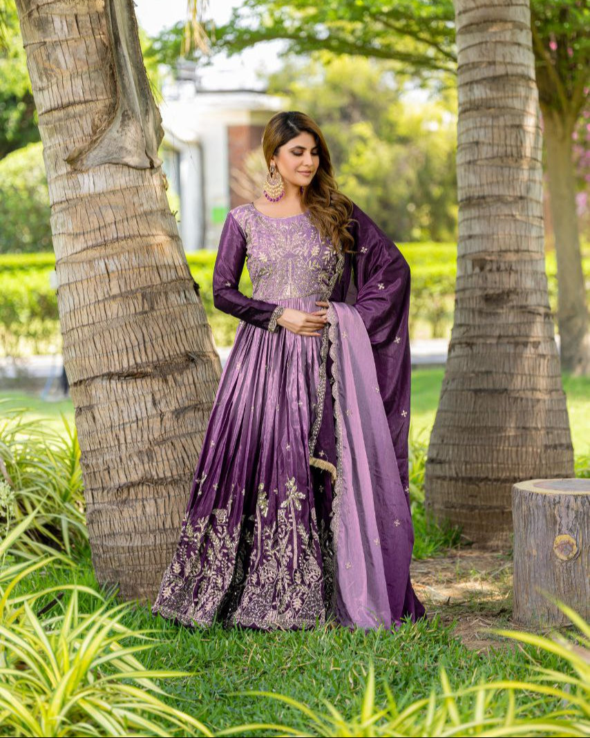Festival-Ready Chinon Silk Gown with Heavy 3mm Sequin Embroidery & Dupatta | Fully Stitched