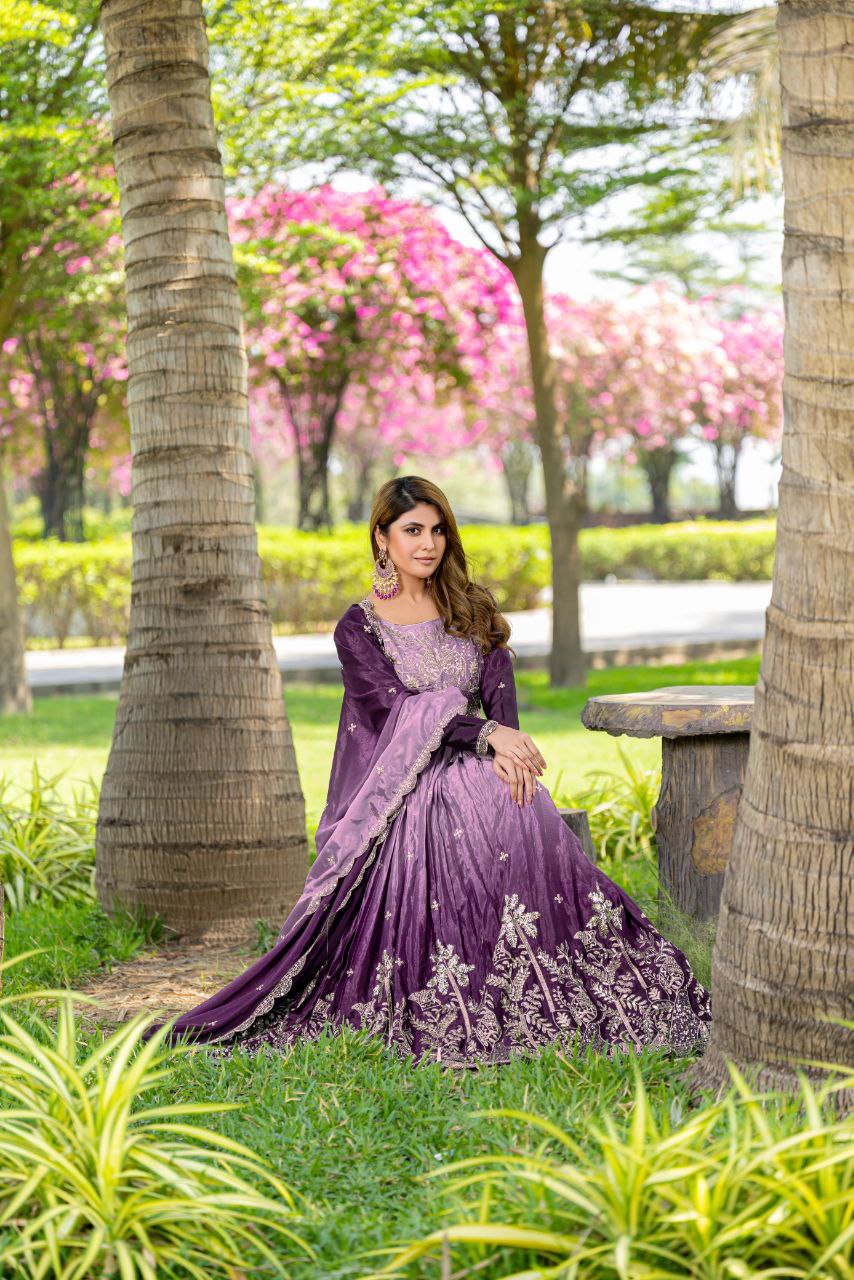 Festival-Ready Chinon Silk Gown with Heavy 3mm Sequin Embroidery & Dupatta | Fully Stitched