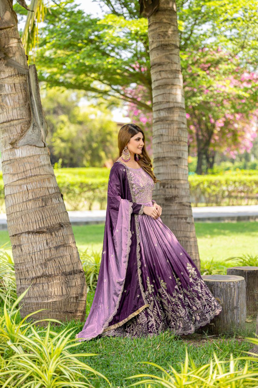 Festival-Ready Chinon Silk Gown with Heavy 3mm Sequin Embroidery & Dupatta | Fully Stitched