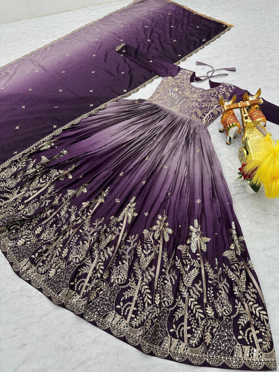 Festival-Ready Chinon Silk Gown with Heavy 3mm Sequin Embroidery & Dupatta | Fully Stitched