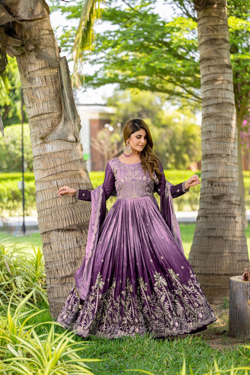 Festival-Ready Chinon Silk Gown with Heavy 3mm Sequin Embroidery & Dupatta | Fully Stitched