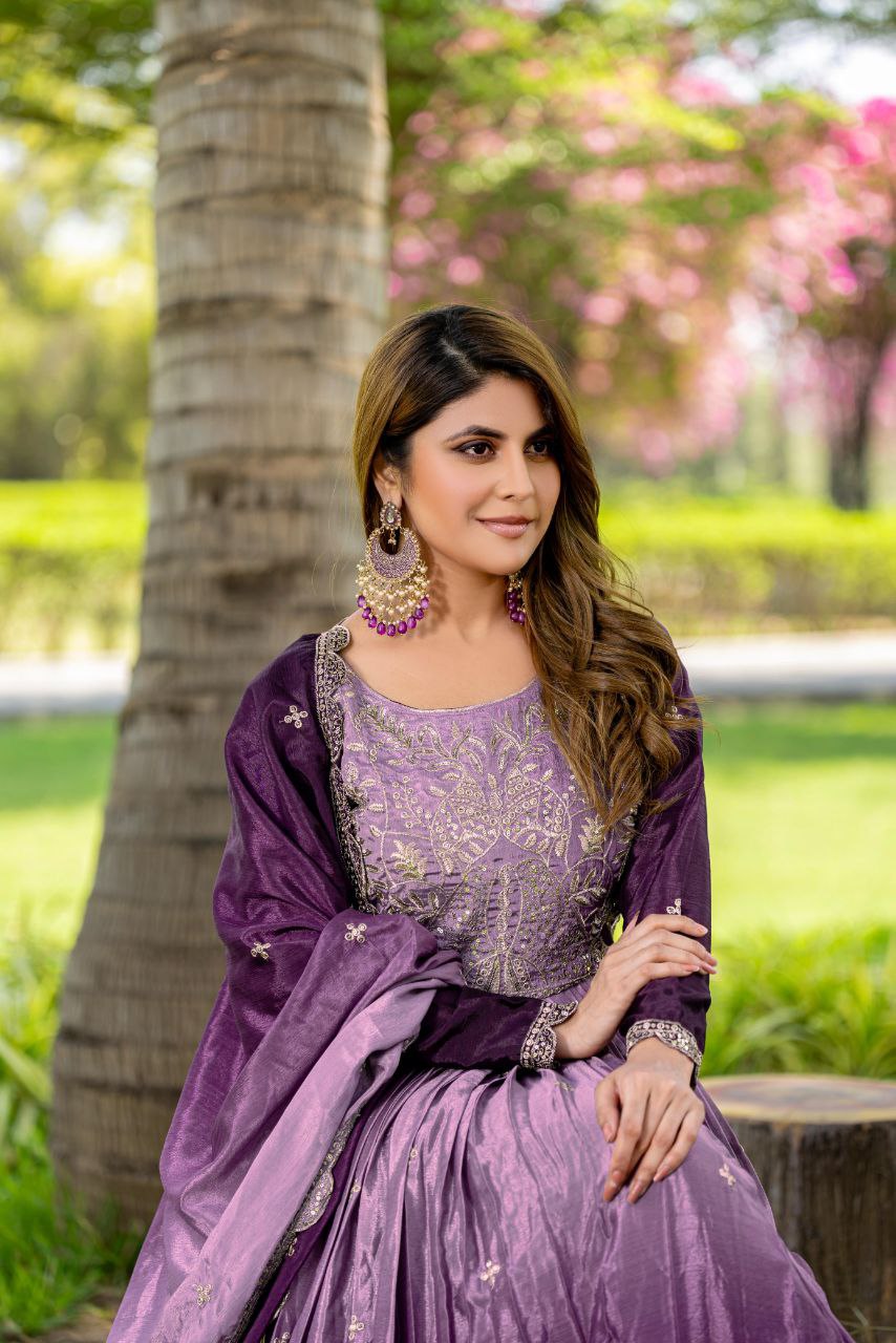 Festival-Ready Chinon Silk Gown with Heavy 3mm Sequin Embroidery & Dupatta | Fully Stitched
