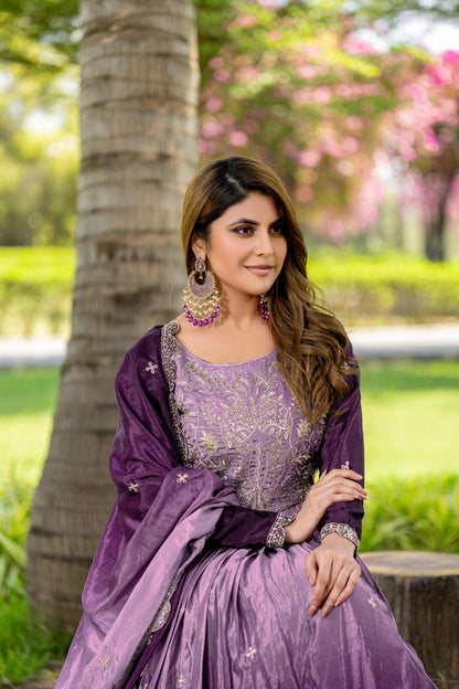 Festival-Ready Chinon Silk Gown with Heavy 3mm Sequin Embroidery & Dupatta | Fully Stitched