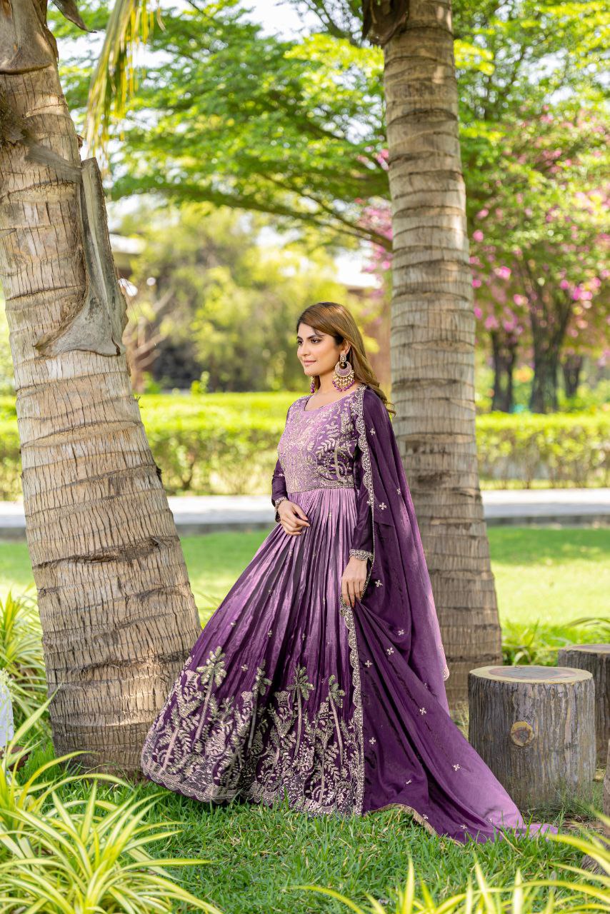 Festival-Ready Chinon Silk Gown with Heavy 3mm Sequin Embroidery & Dupatta | Fully Stitched
