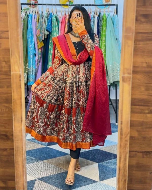 Festival Special Kalamkari Cotton Gown Set – Elegant & Ethnic 3-Piece Suit