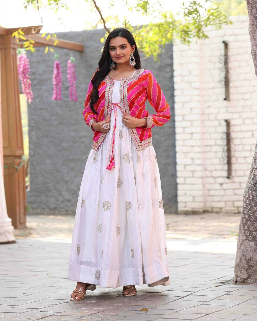 Festival Special Leheriya Jacket with Chinon Embroidered Gown – Fully Stitched Party Wear Set