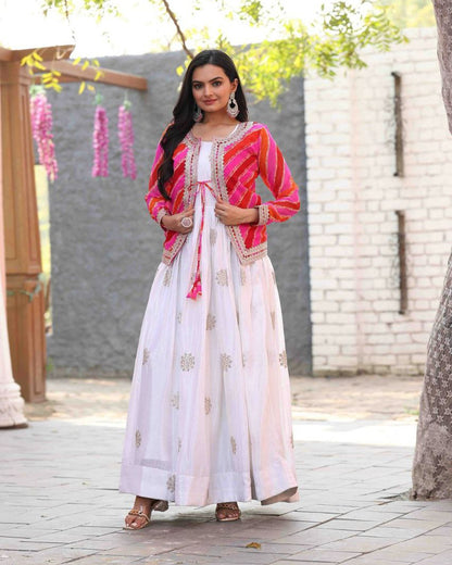 Festival Special Leheriya Jacket with Chinon Embroidered Gown – Fully Stitched Party Wear Set