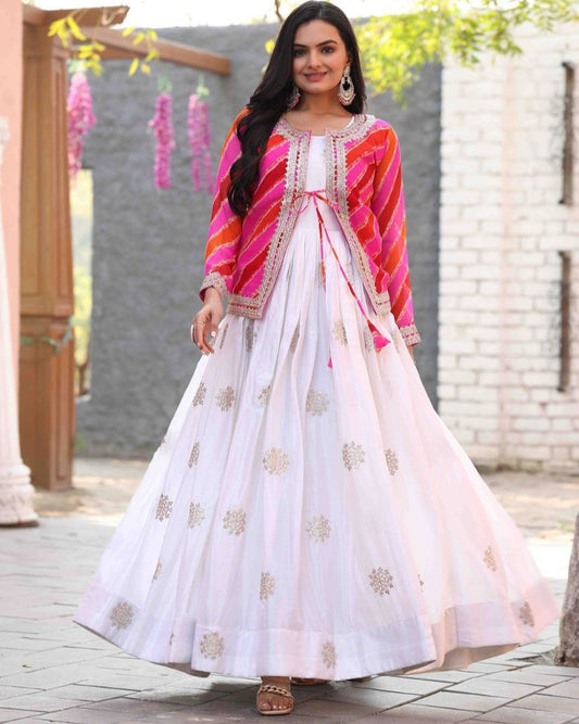 Festival Special Leheriya Jacket with Chinon Embroidered Gown – Fully Stitched Party Wear Set