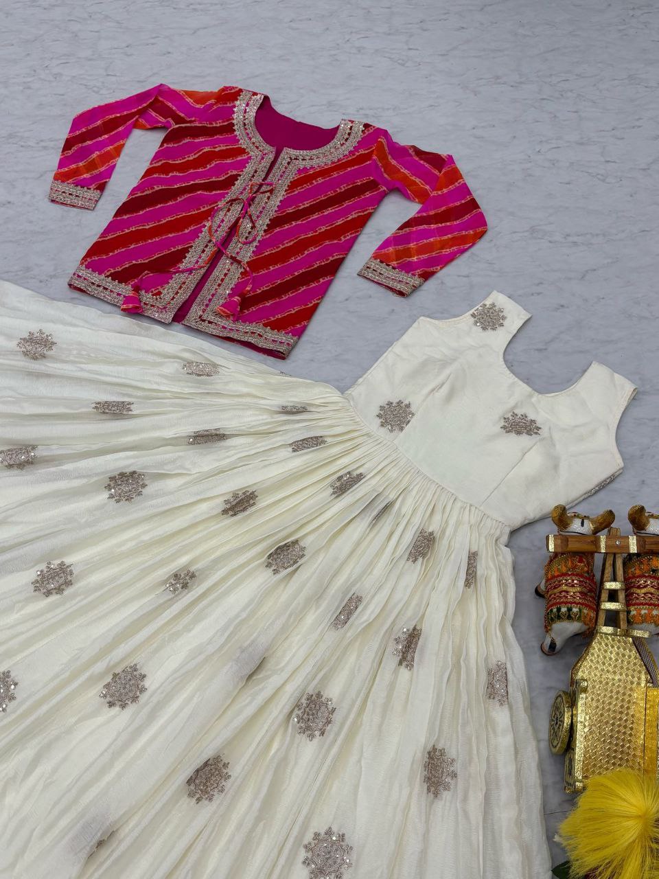 Festival Special Leheriya Jacket with Chinon Embroidered Gown – Fully Stitched Party Wear Set