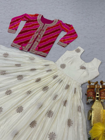 Festival Special Leheriya Jacket with Chinon Embroidered Gown – Fully Stitched Party Wear Set