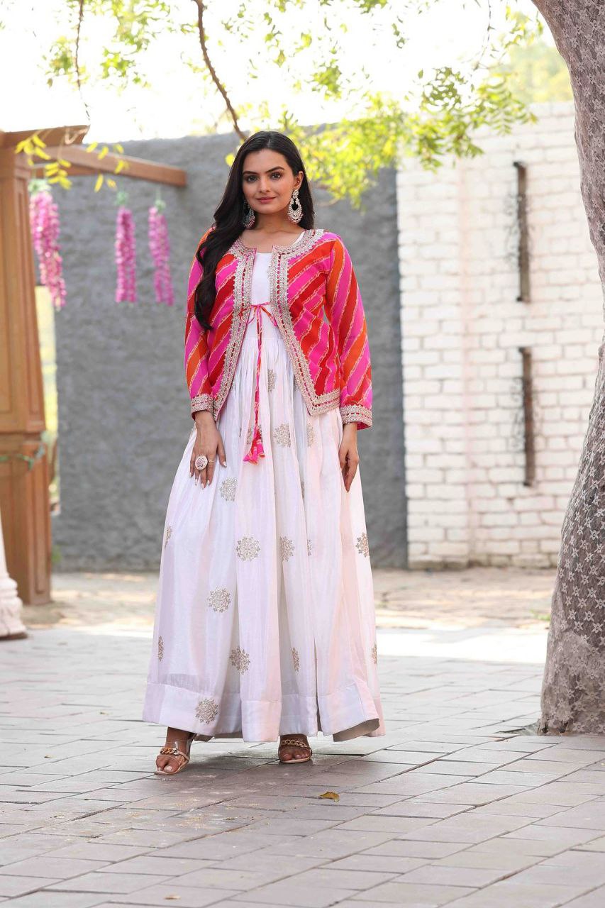 Festival Special Leheriya Jacket with Chinon Embroidered Gown – Fully Stitched Party Wear Set