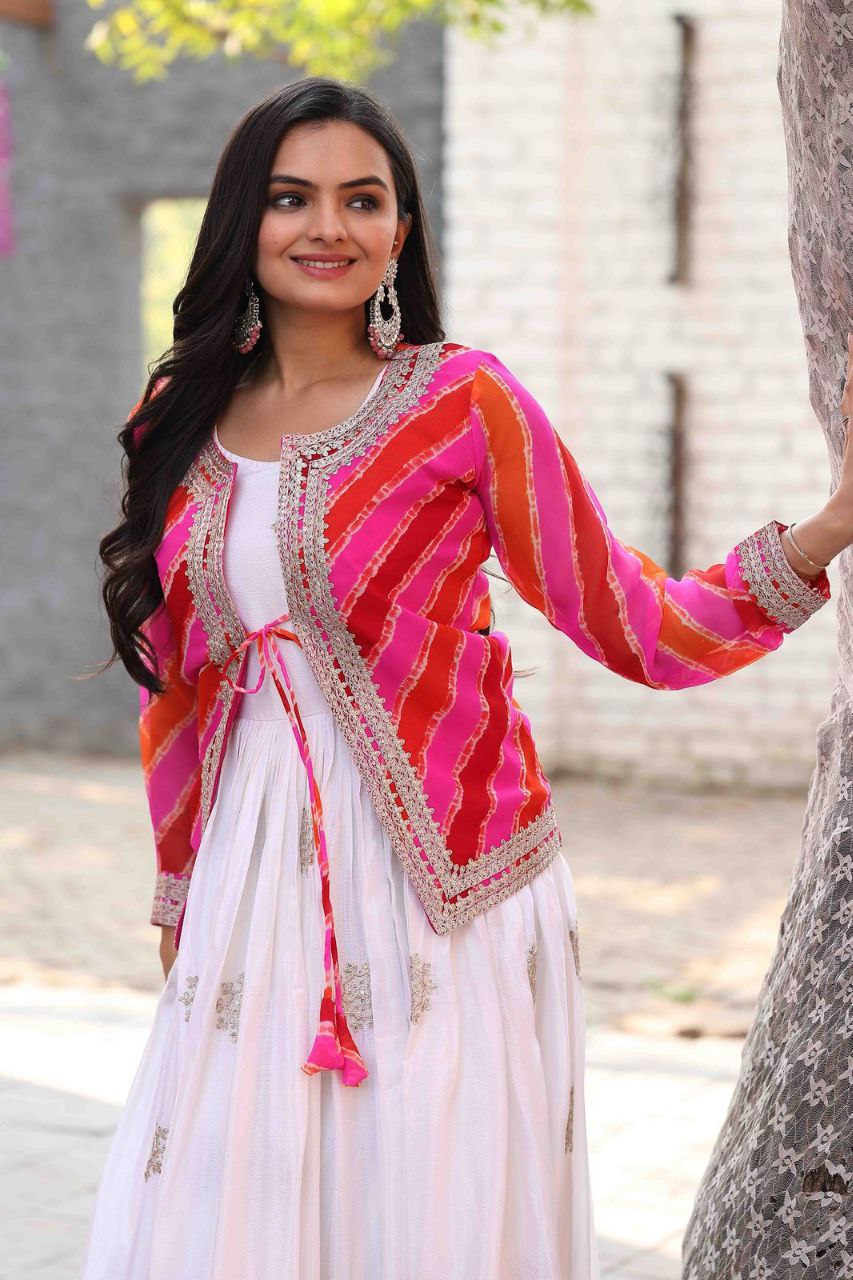 Festival Special Leheriya Jacket with Chinon Embroidered Gown – Fully Stitched Party Wear Set