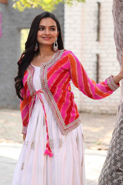 Festival Special Leheriya Jacket with Chinon Embroidered Gown – Fully Stitched Party Wear Set