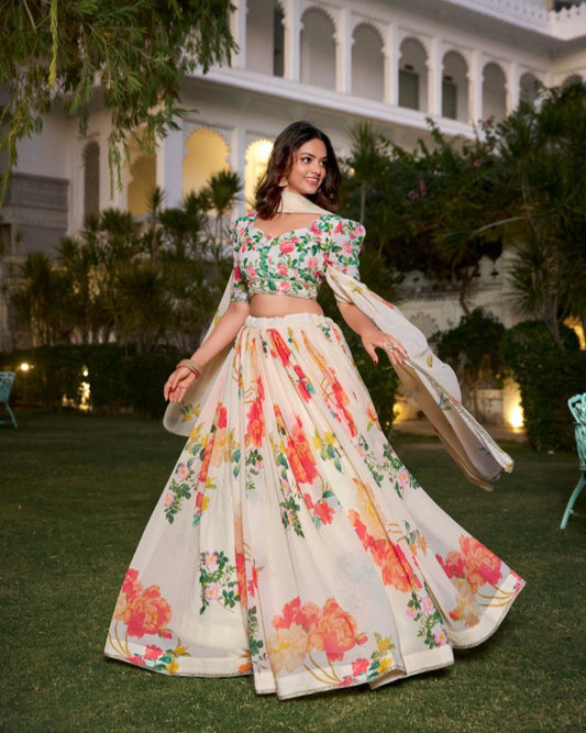 Floral Print Georgette Lehenga Set with Lace Border & Dupatta