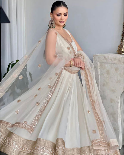 Fox Georgette Embroidered Gown-Pant with Dupatta Set | Summer Party Wear | Fully Stitched