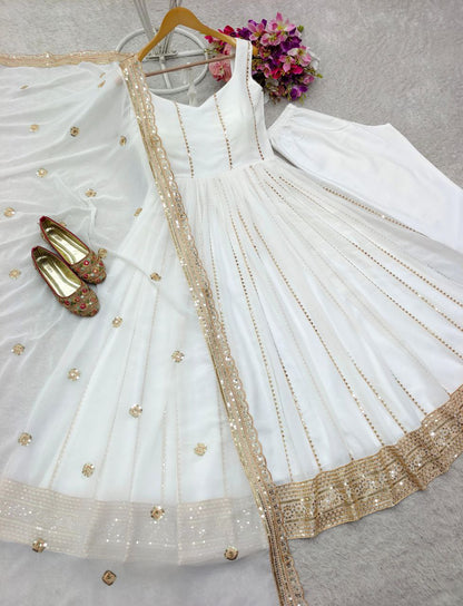 Fox Georgette Embroidered Gown-Pant with Dupatta Set | Summer Party Wear | Fully Stitched