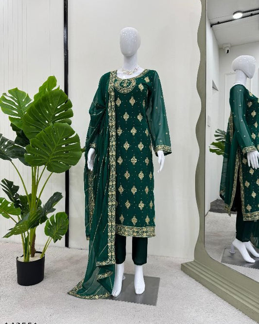 Fox Georgette & French Silk Kurti Pant Dupatta Set – With Thread, Sequence & Diamond Work
