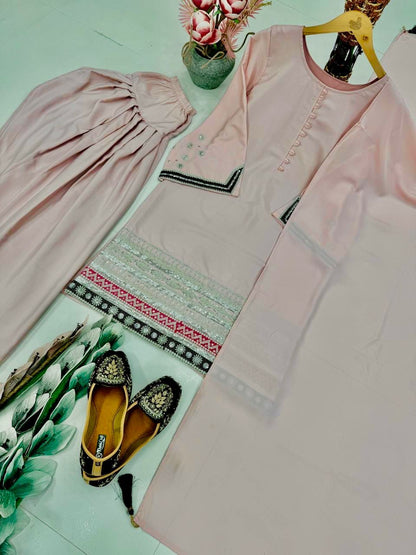 Premium Designer Pink Crepe Embroidered Palazzo Set with Dupatta