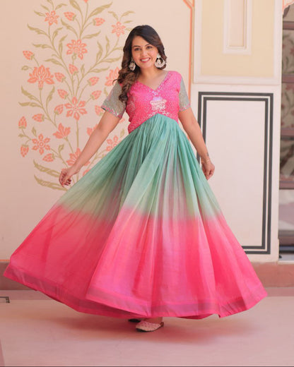 Gold Crush Designer Gown | Beads Embroidery | V Neck | Fully Stitched